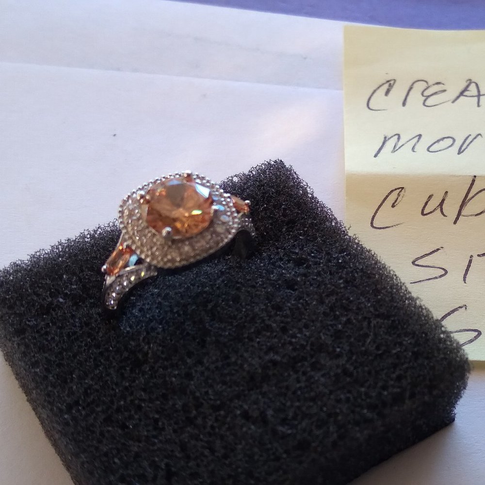 Created orange Morganite and cubic zirconia ring with silver plating 925